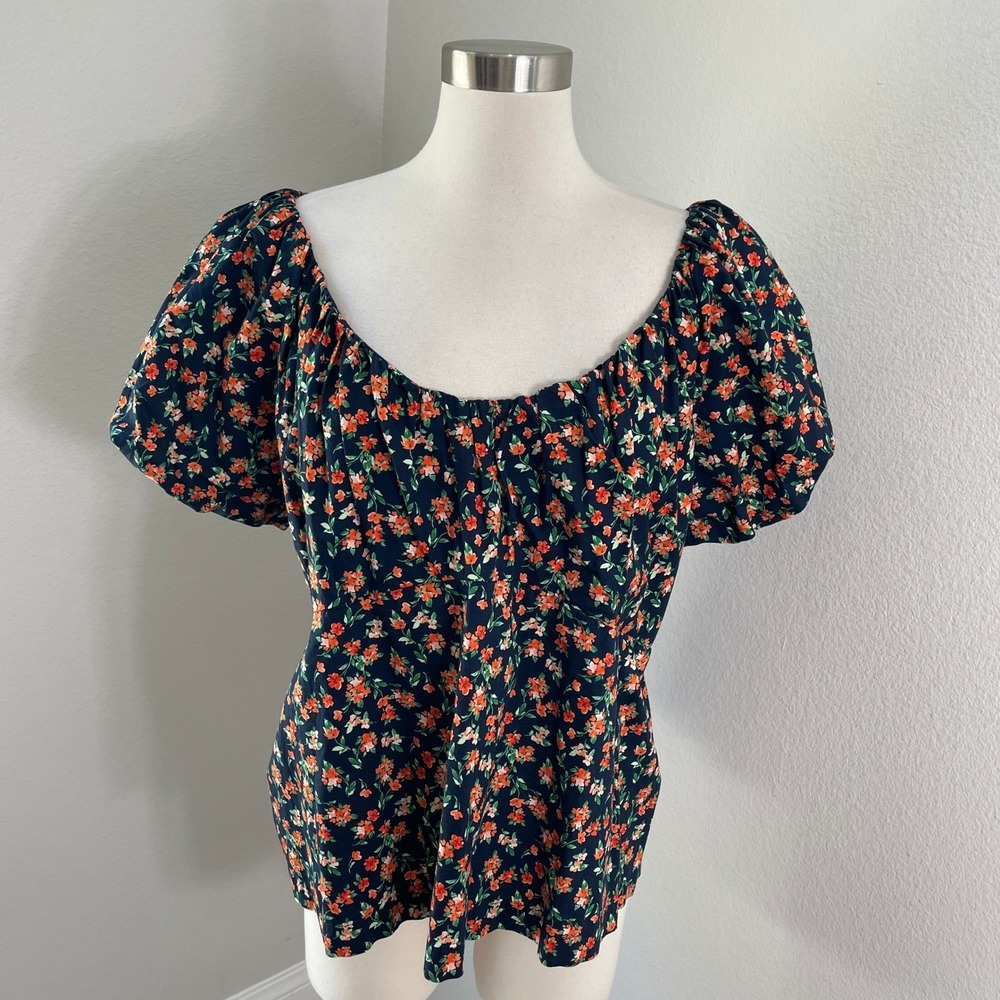 Old Navy Womens Plus‎ XXL Floral Puff Sleeve Smocked Back Cotton Top Shirt
